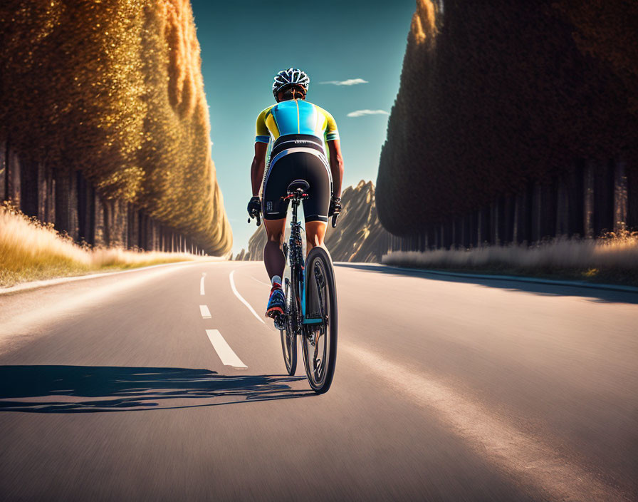 Colorful Outfit Cyclist Riding on Tree-Lined Road