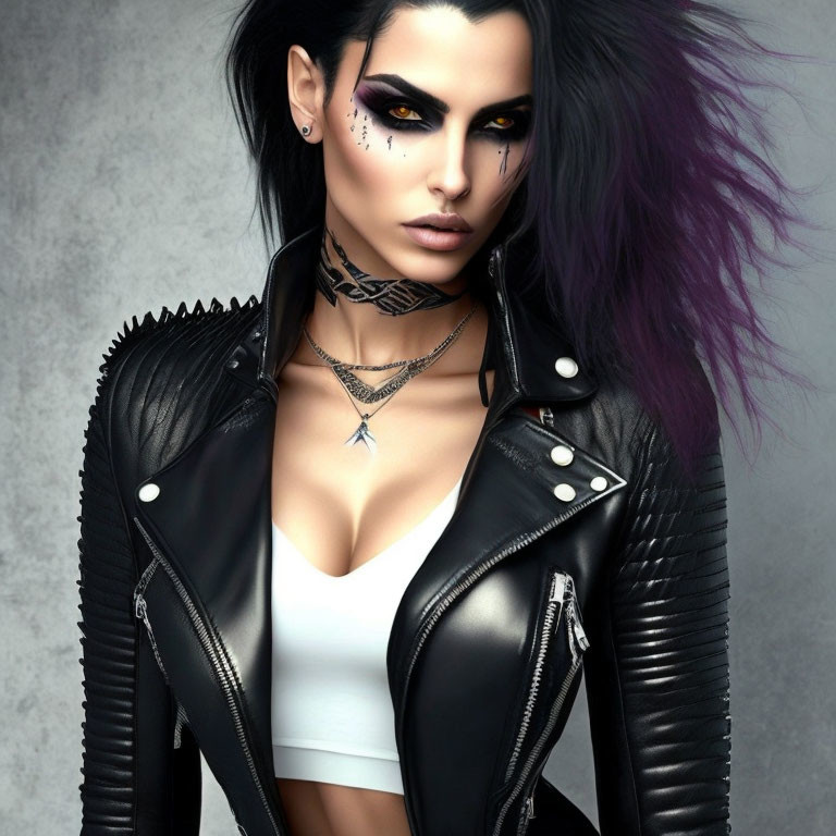 Stylized image of woman with dramatic makeup and purple-black hair in leather jacket.