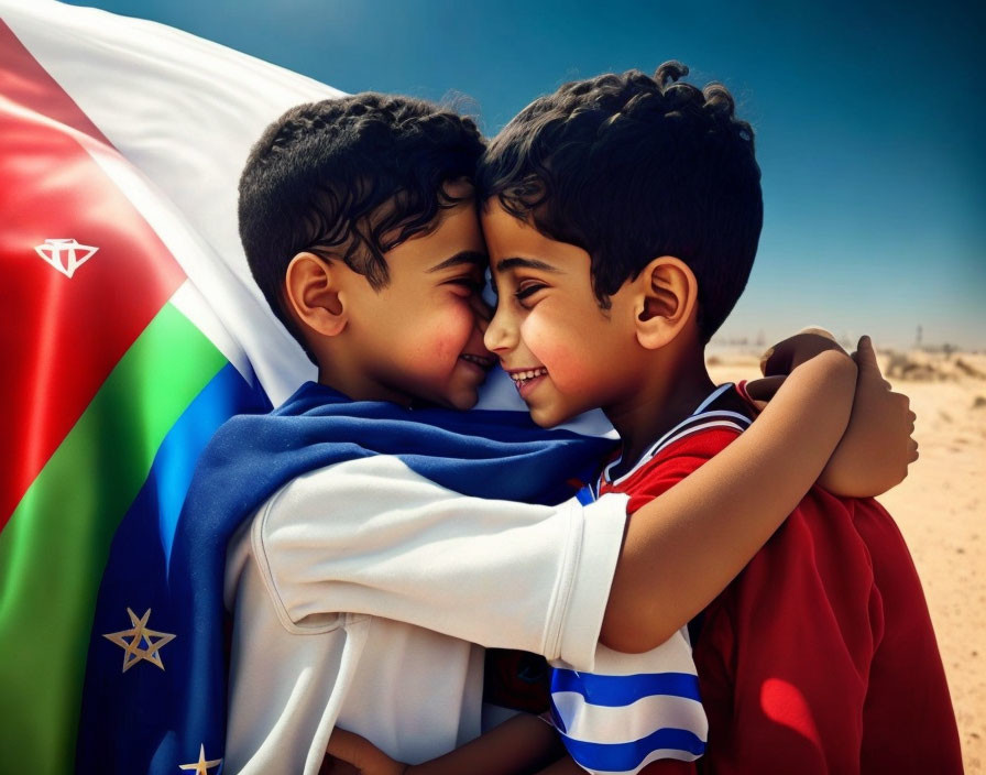 Young boys hugging with flags in desert background