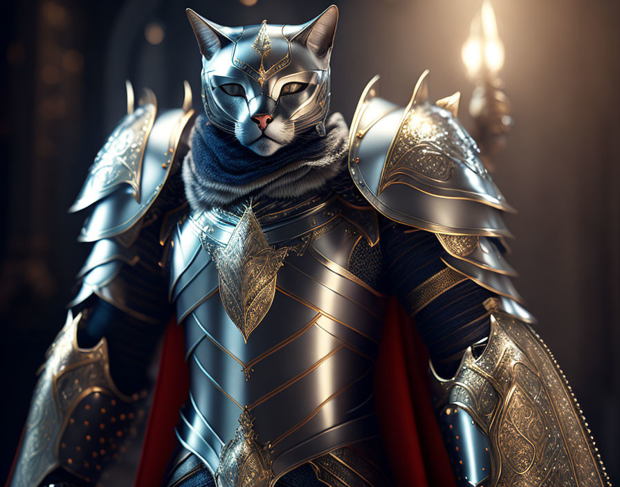 Medieval knight armor cat with red cape in dimly lit chamber