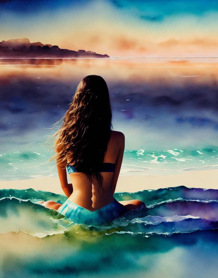 Woman in blue skirt gazes at surreal multicolored sea and vibrant sky.