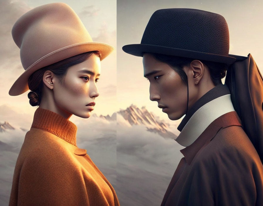 Digital artwork of woman and man in profile with stylish hats against serene mountain backdrop