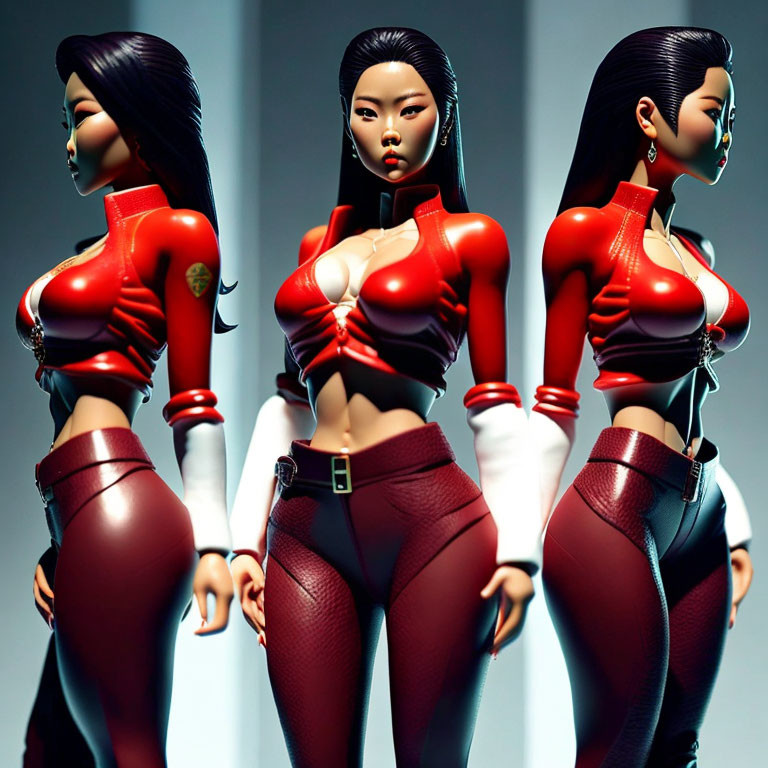 Stylized female figures in red and maroon outfits with bold posture