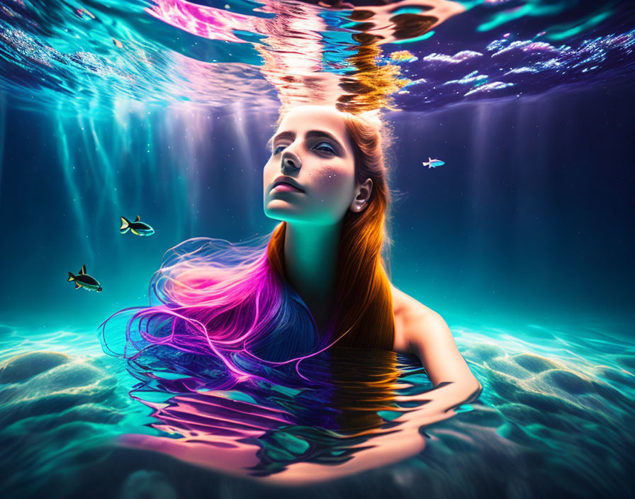 Vibrant purple-haired woman underwater with surreal lighting and fish.