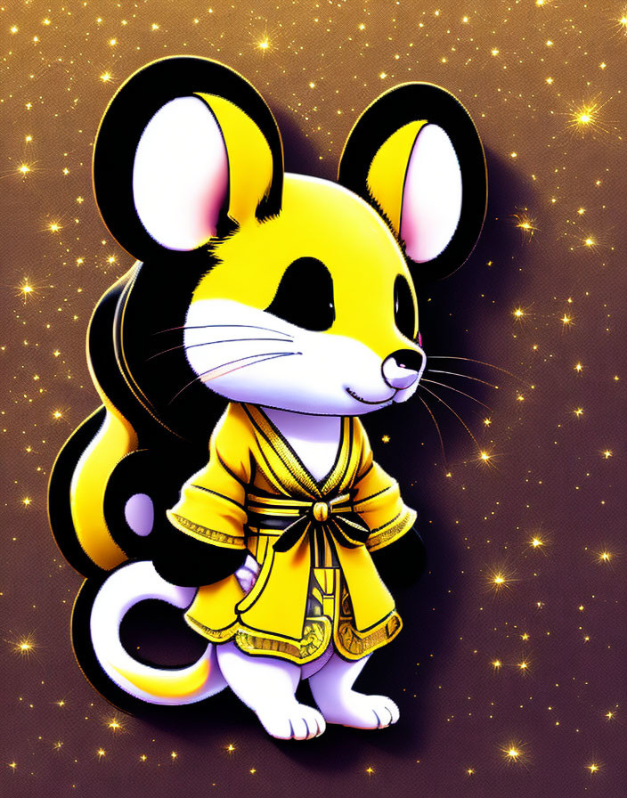 Golden martial arts uniform on animated mouse character in starry backdrop