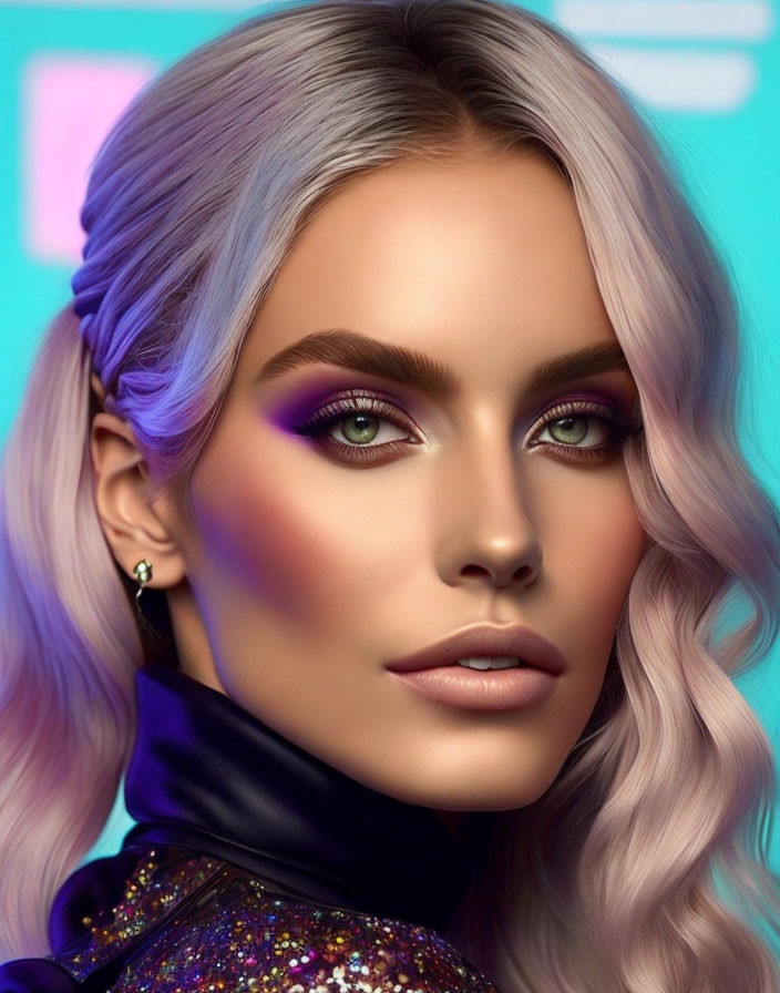 Portrait of Woman with Purple Eyeshadow and Lavender Hair on Turquoise Background