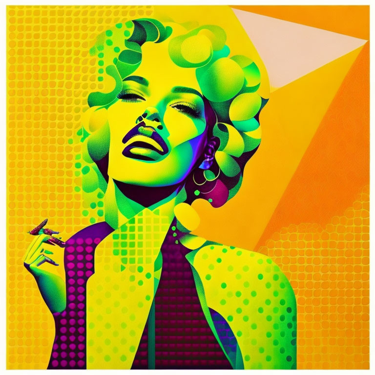 Colorful pop art portrait of a woman with geometric backdrop