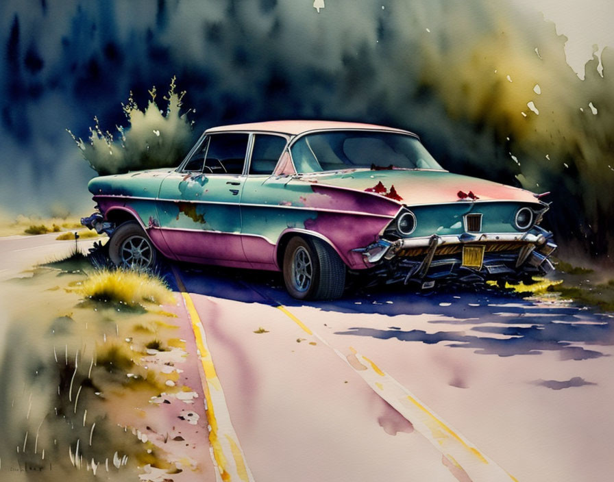 Abandoned vintage car with pink and teal paint in watercolor style