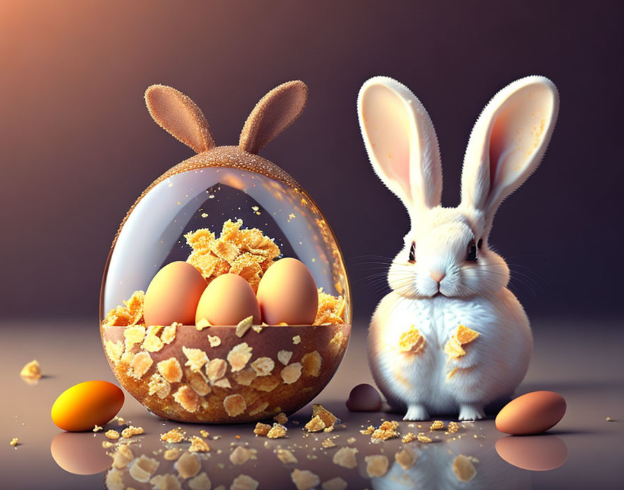 Whimsical digital artwork: White bunny with translucent egg and flakes