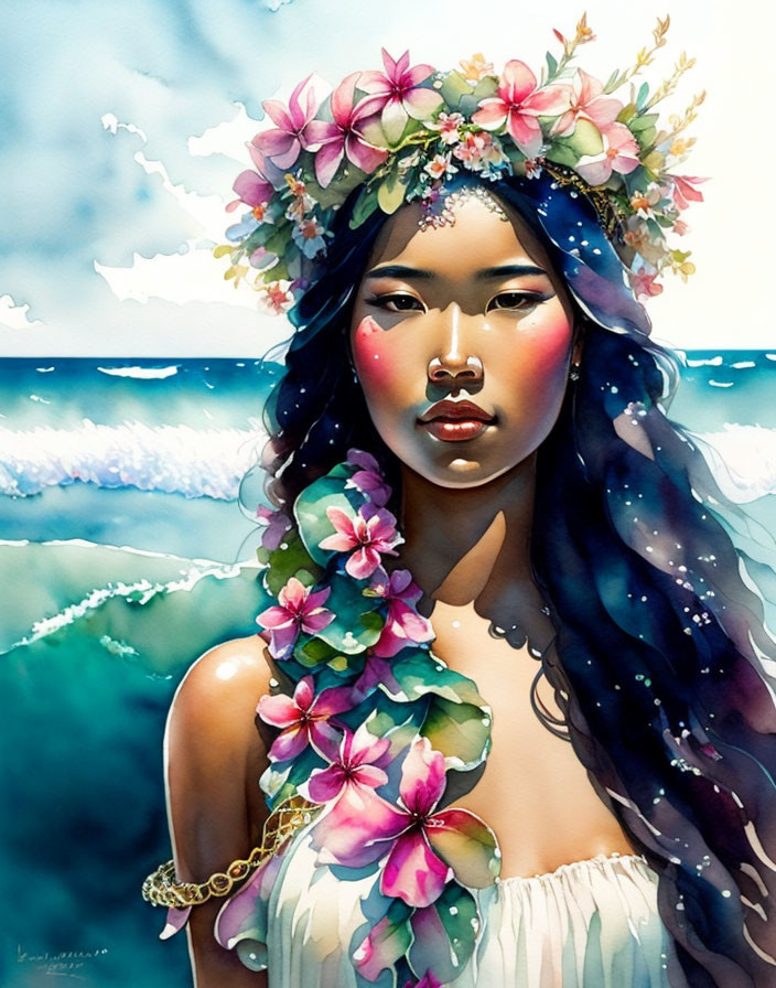 Woman portrait with floral wreath, pink flowers, and golden chain against blue water