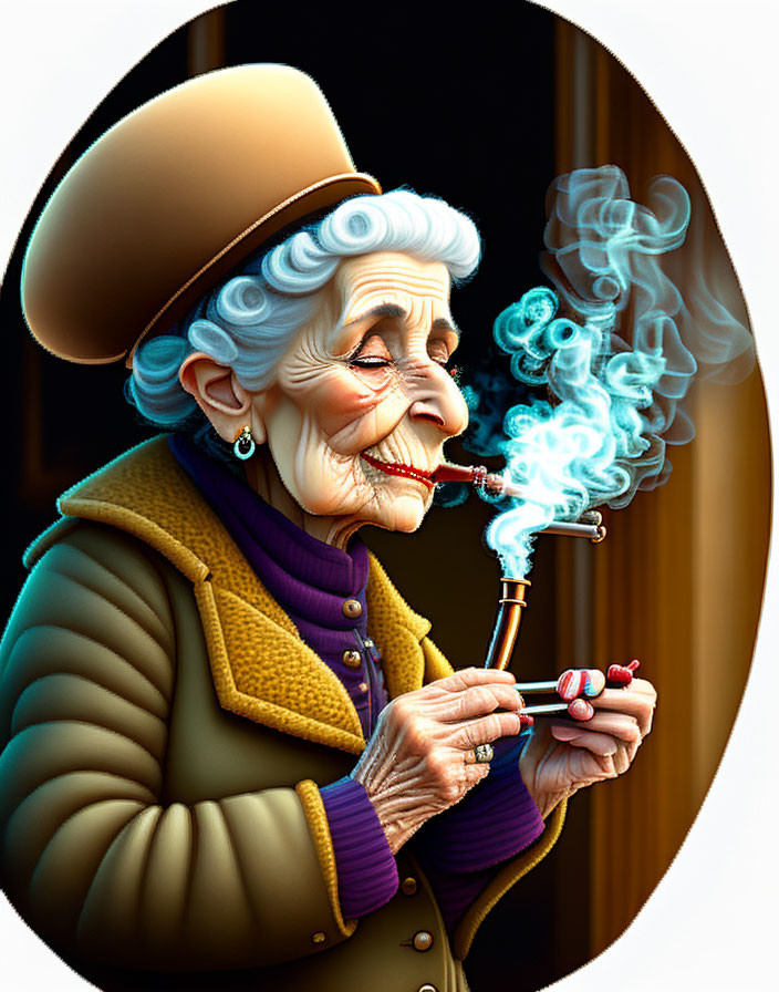 Elderly woman with blue hair in yellow coat smoking pipe