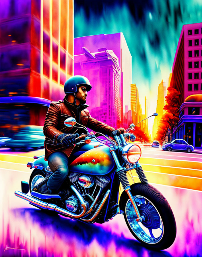 Colorful Motorcycle Rider in Vibrant City Street at Sunset