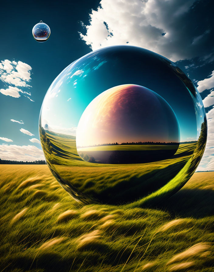 Reflective sphere in surreal landscape with floating spheres