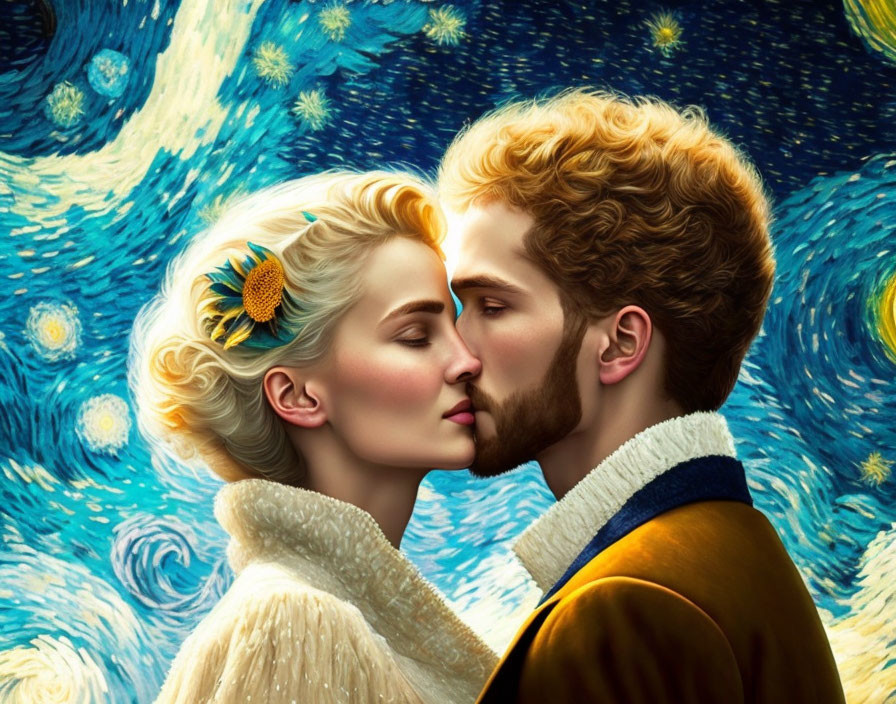 Couple kissing in front of Van Gogh's "Starry Night" background