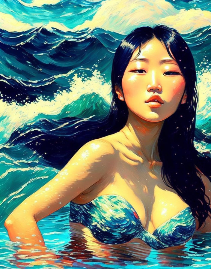 Dark-haired woman in blue bikini emerges from vibrant blue water with waves in colorful, illustrative style