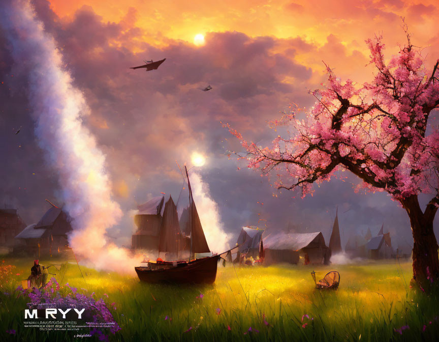 Fantastical sunset village scene with river, blooming tree, thatched-roof houses, and