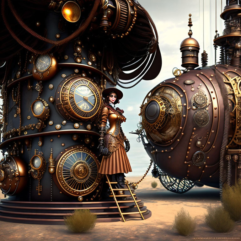 Steampunk-themed illustration of woman in Victorian attire beside ornate mechanical structure in desert.