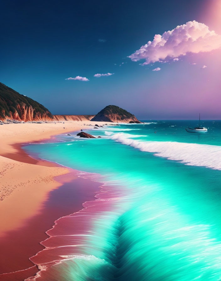 Vibrant beach scene with turquoise waves and colorful sky