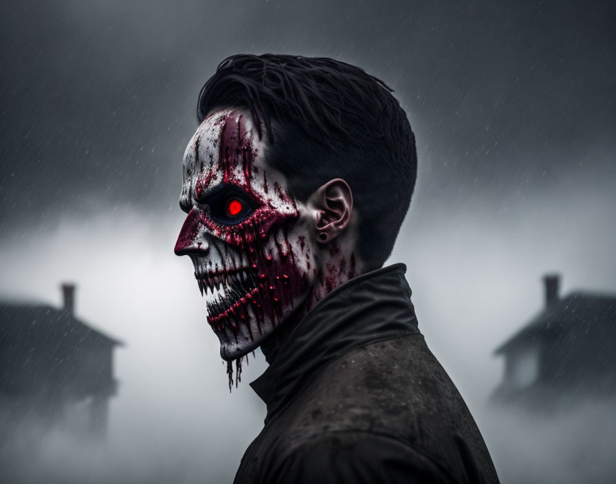 Skull-faced person with glowing red eye in rainstorm