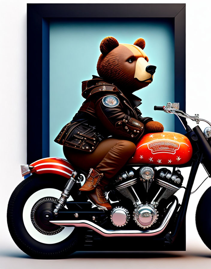 Anthropomorphic bear in leather jacket on red motorcycle against blue background