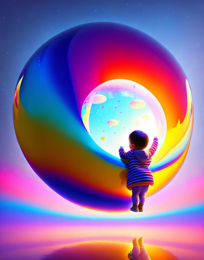 Child Reaching Towards Vibrant Swirling Portal on Reflective Surface