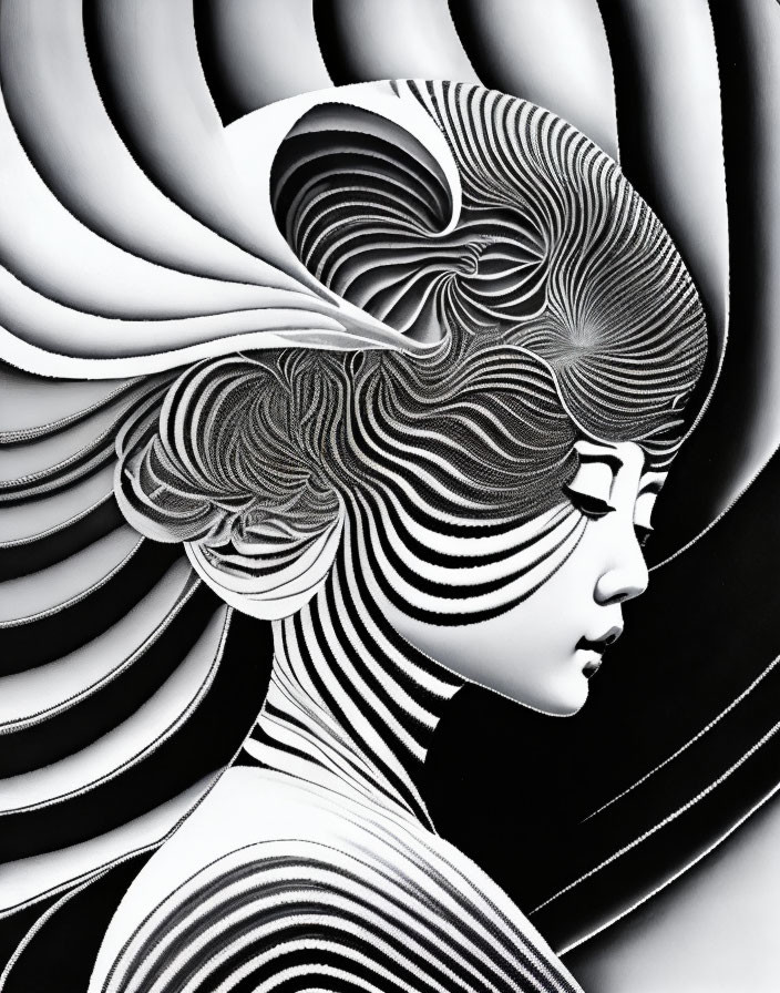 Monochrome optical illusion art: woman's profile with swirling patterns