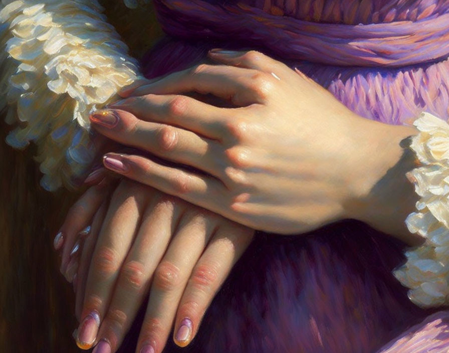 Person's Manicured Hands Resting on Lavender Garment with White Ruffles