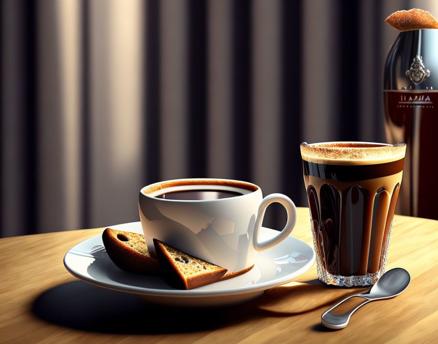 Coffee cup with saucer, spoon, biscotti, and layered drink on wooden table