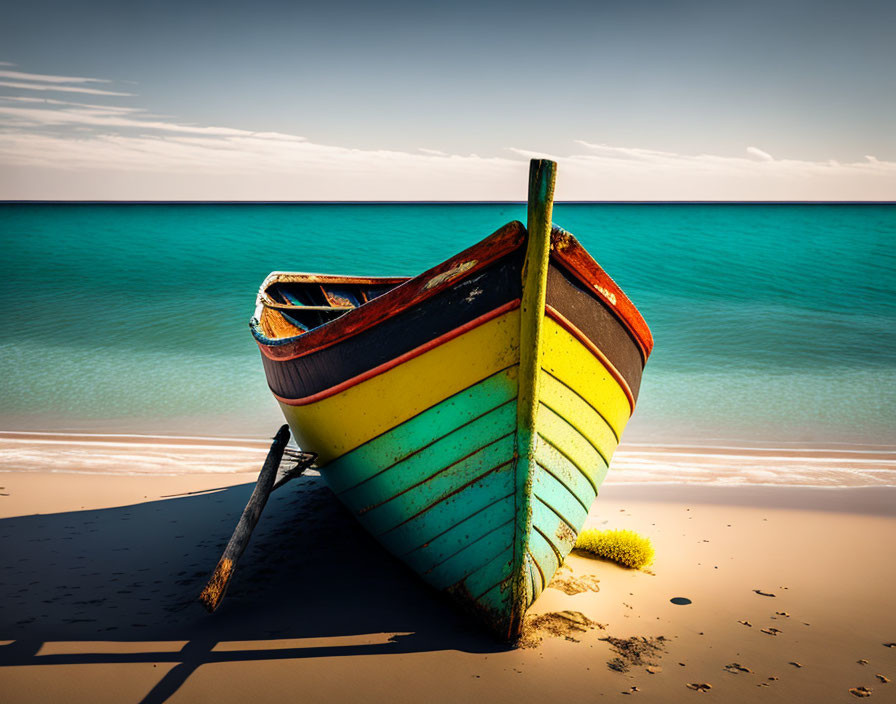 Colorful Wooden Boat on Sandy Beach by Tranquil Blue Sea