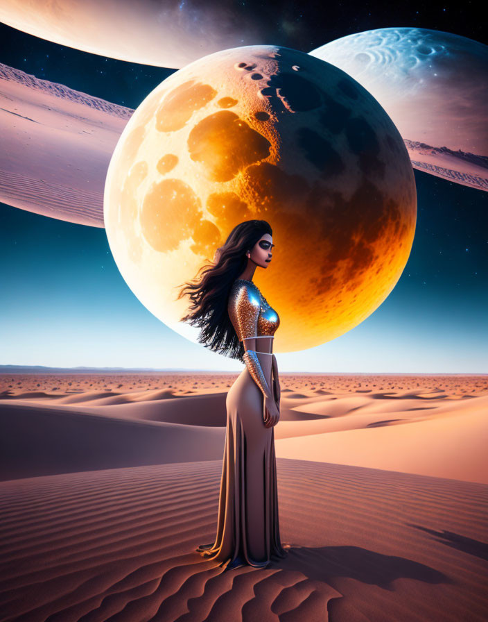 Woman in elegant dress under large moons in surreal desert landscape