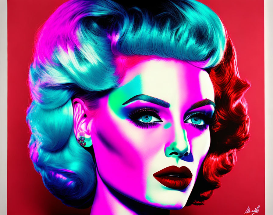 Colorful digital portrait of a woman with vibrant hair and makeup on red backdrop