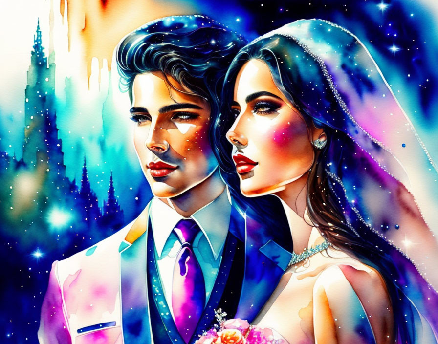 Colorful Cosmic Wedding Couple Illustration