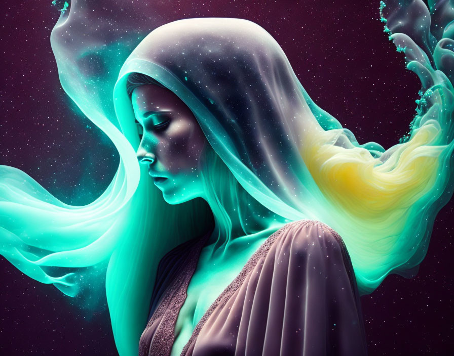 Surreal illustration: woman with cosmic veil in vibrant nebula.