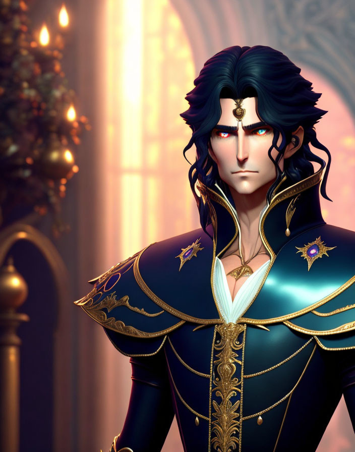 Dark-Haired Male Animated Character in Regal Blue and Gold Uniform