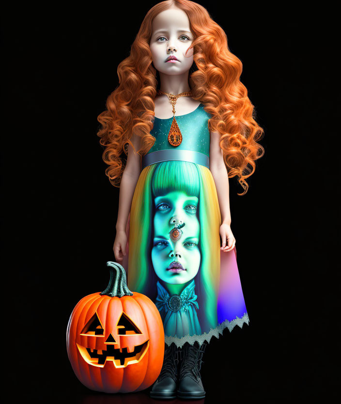 Young girl with long curly red hair in Halloween dress beside carved pumpkin on black background.