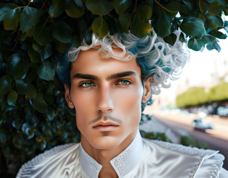 Digital artwork: Man with white hair, blue eyes, green leaf crown, blurred background