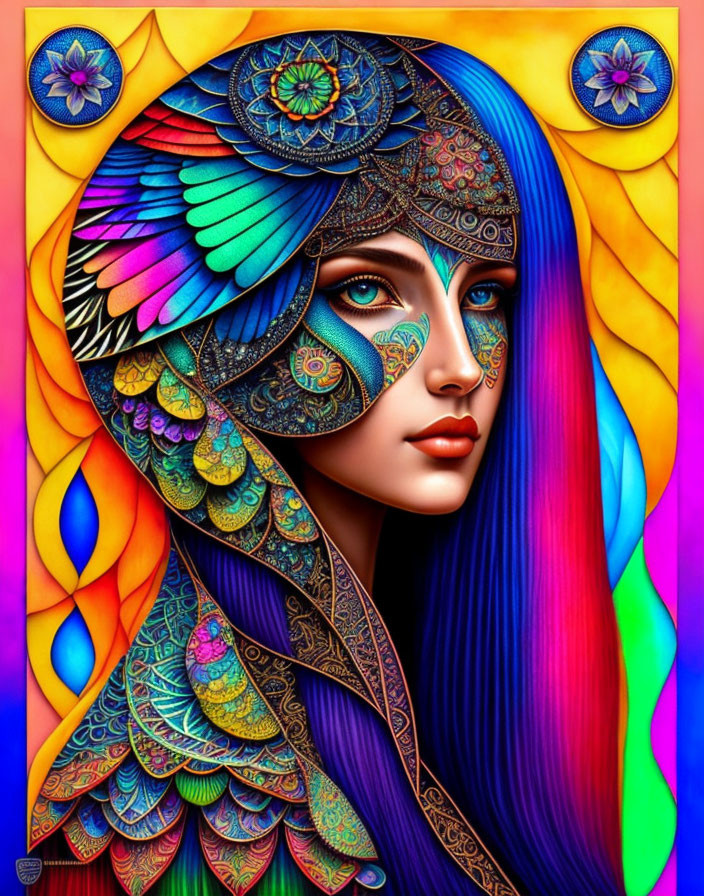 Colorful digital artwork of a woman with peacock feather motifs on radiant background