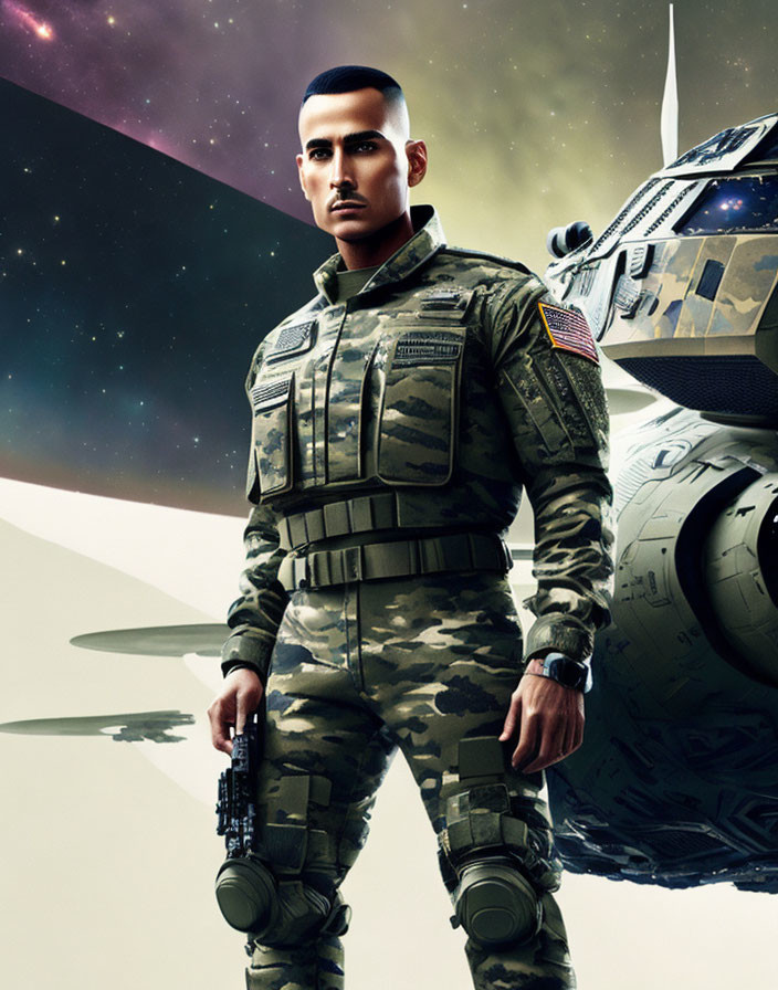 Futuristic soldier digital artwork with spacecraft and stars