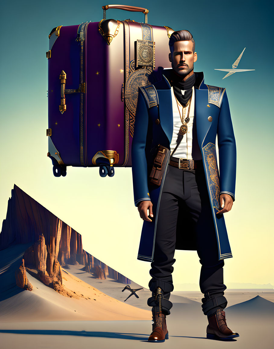 Fashionable man in blue and gold jacket with purple suitcase in desert scene.