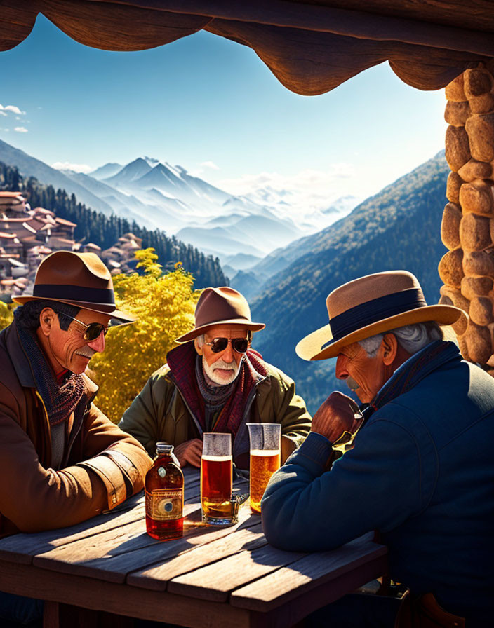 Elderly Men Relaxing on Wooden Balcony with Mountain View