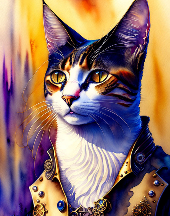 Majestic cat with striking eyes in steampunk-style collar on vibrant background