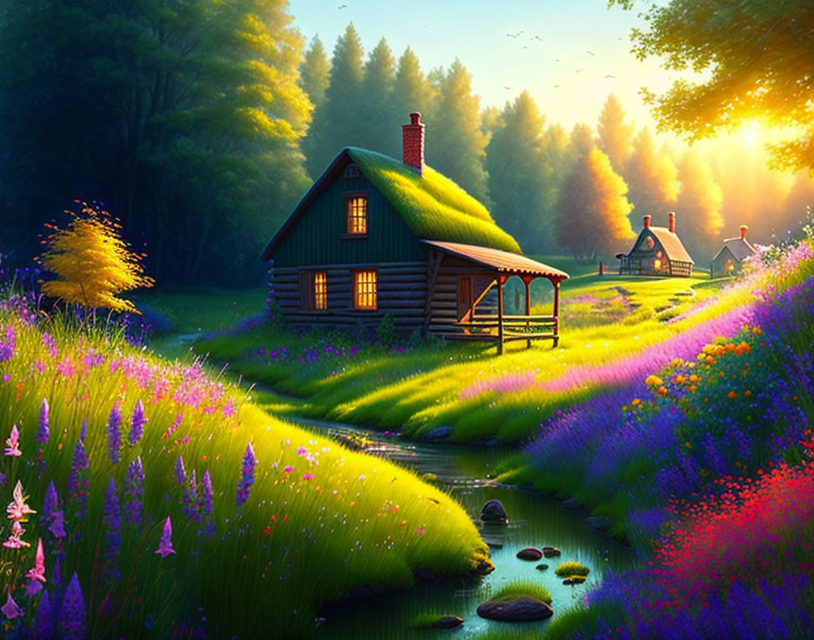 Tranquil landscape with wooden cabin, wildflowers, stream, and setting sun