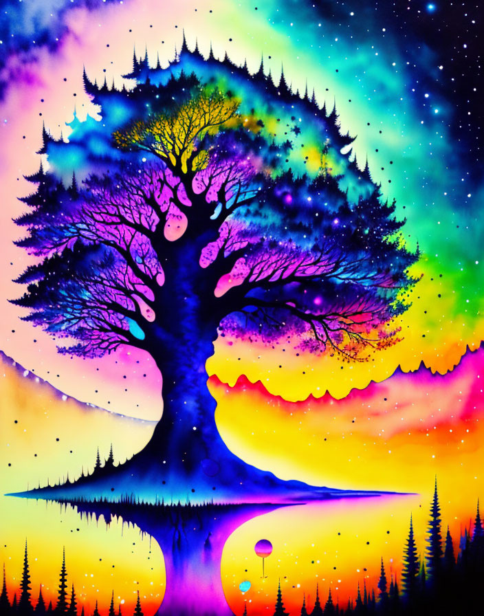 Colorful Sky Silhouette Artwork with Tree, Stars, Reflection, Figure, and Balloon