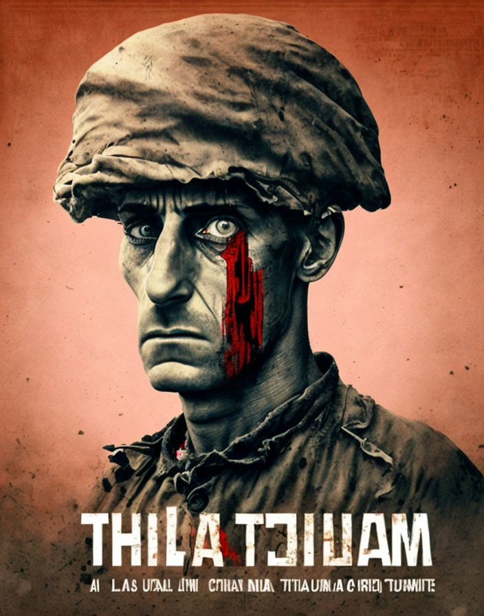 Digital artwork: man with soldier's cap and intense gaze, red streak tear, red background with text