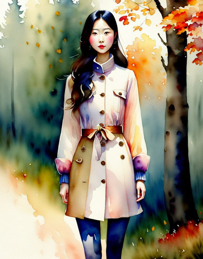 Watercolor illustration of woman in trench coat amid autumn foliage