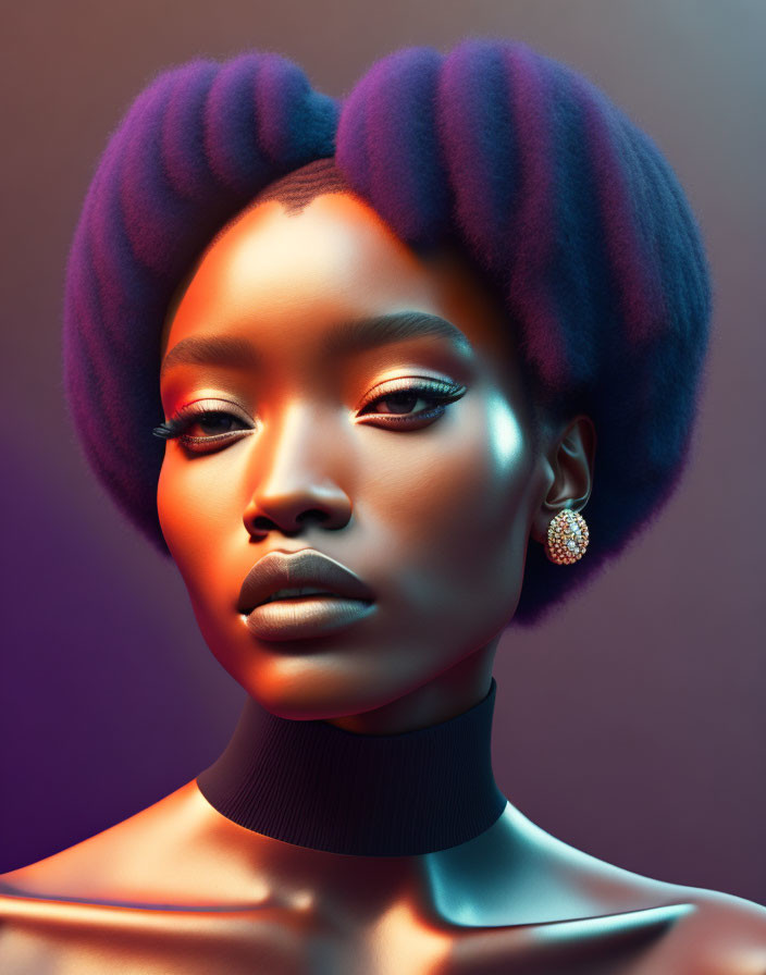 Purple Afro Hair Woman Portrait on Gradient Background