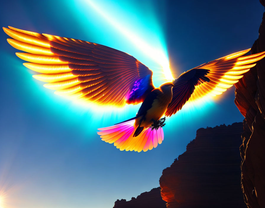 Colorful bird digital artwork flying between rocky cliffs in bright sky