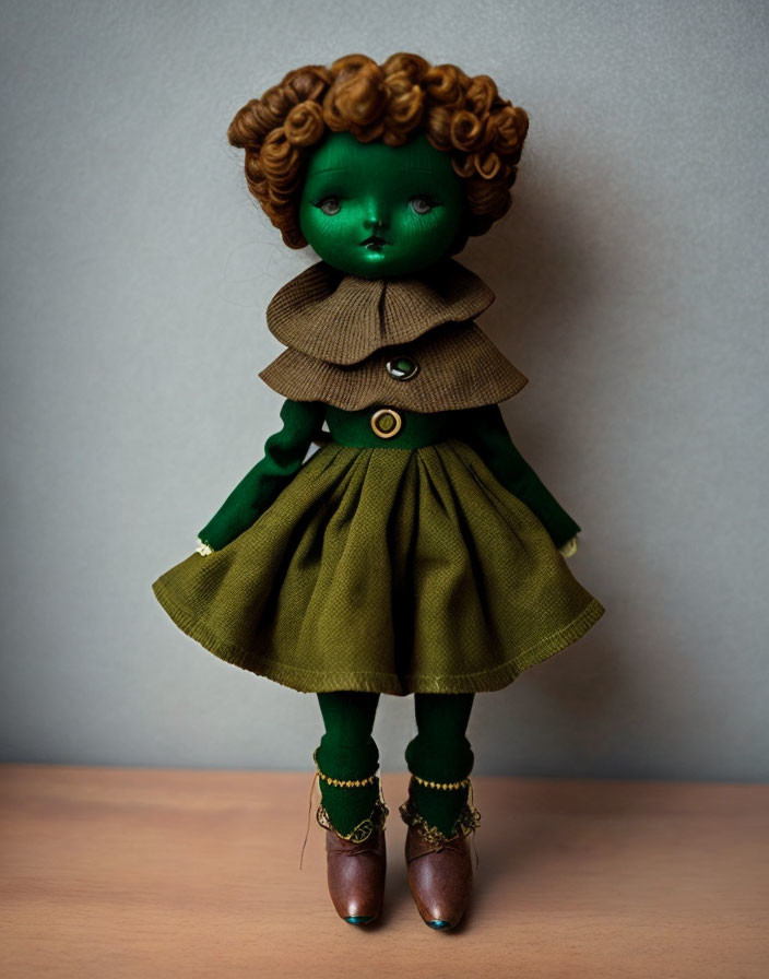 Green curly-haired doll in brown jacket, green dress, and boots on neutral background