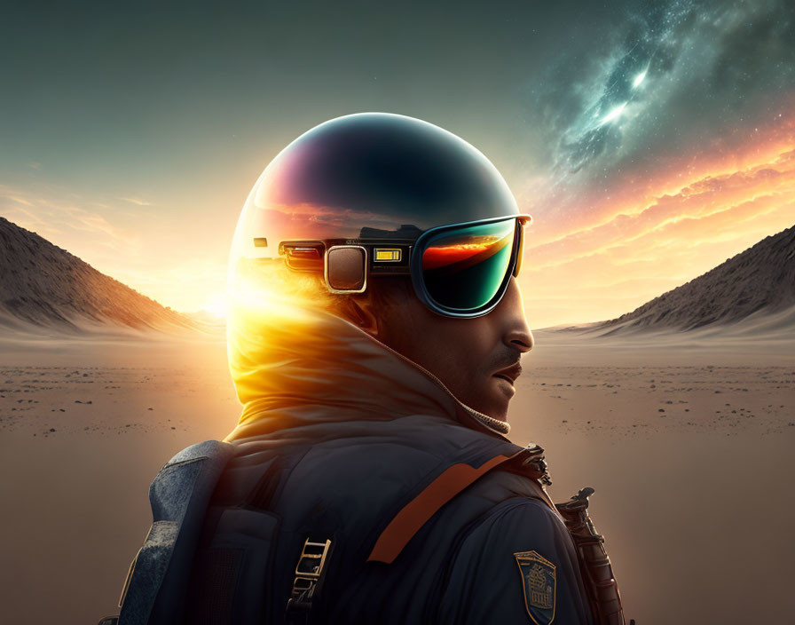 Astronaut in helmet on desert landscape with galaxy at sunset