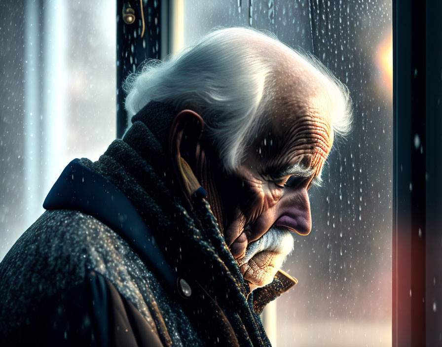 White-haired elderly man in coat looking out window with raindrops - profile illuminated.